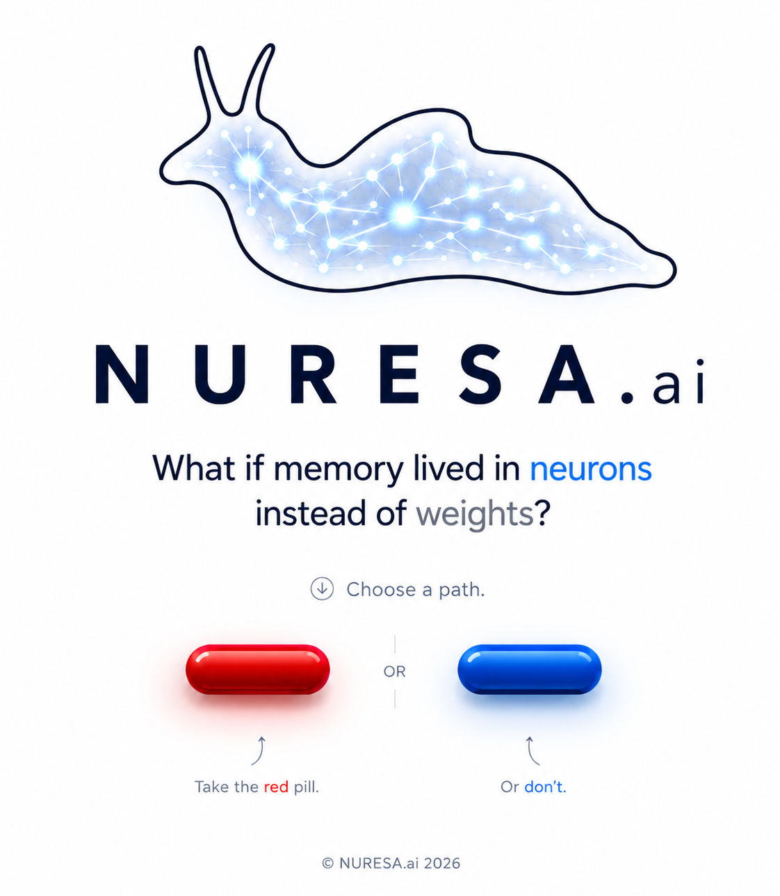 NURESA.ai landing page. What if memory lived in neurons instead of weights?